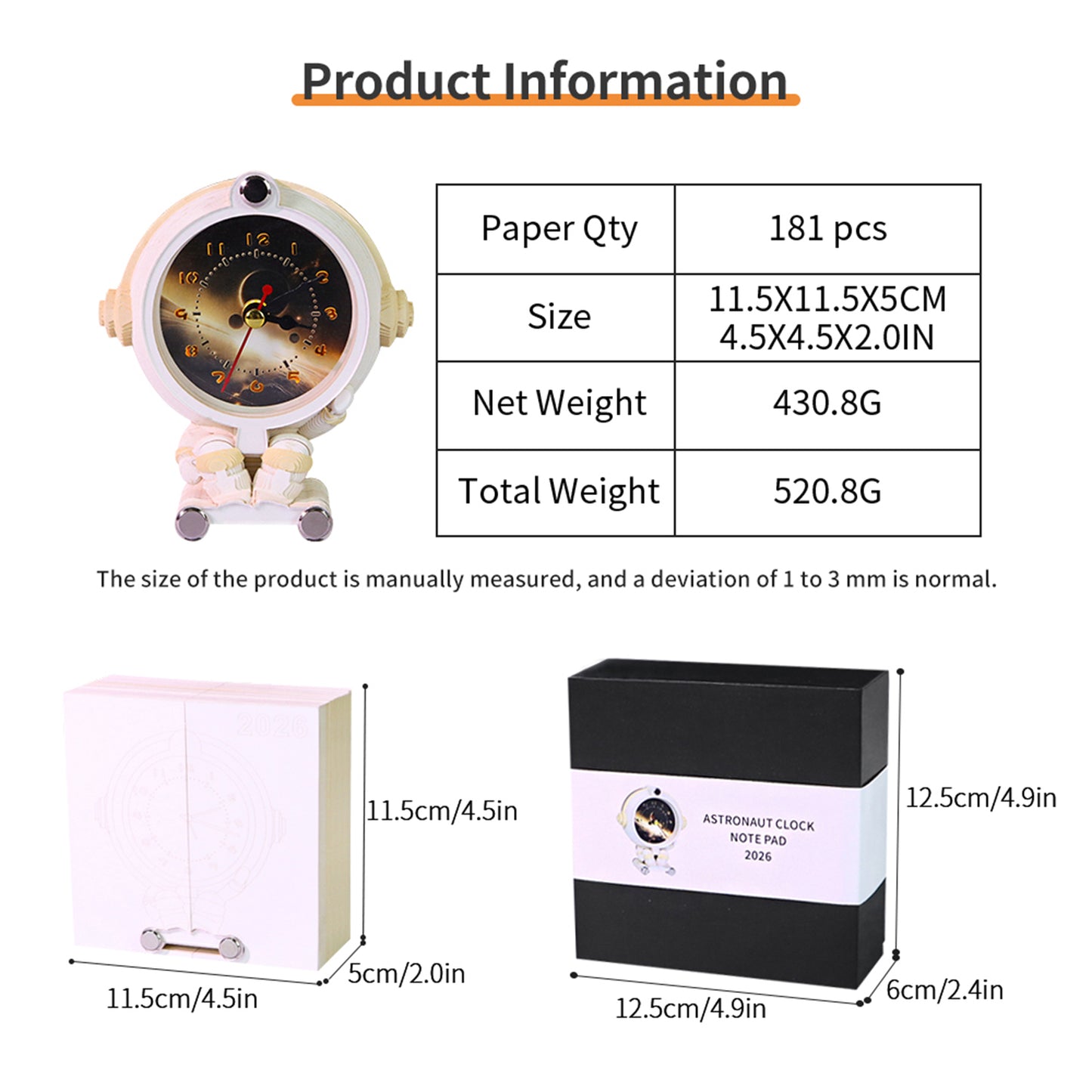 3-in-1 Astronaut Clock 3D Art Calendar Memo Pad